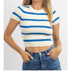 Miou Muse Womens Blue Ivory Striped Short Sleeve Knit Crop Top‎ Sweater Size S